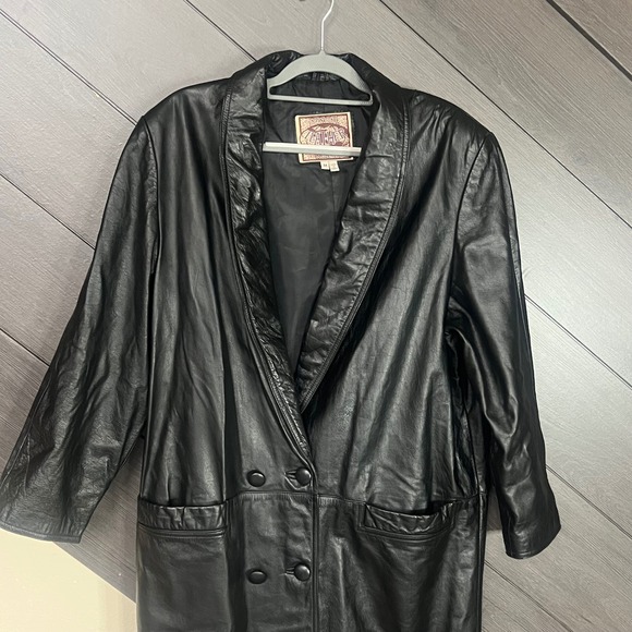 International Leather Women M Genuine Leather Longline Coat Button Black Vintage - Picture 4 of 10